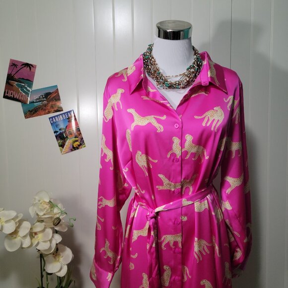 NWT Skies are Blue Curvy Pink Animal Cheetah Print Button Down Satin Shirt Dress - Picture 10 of 13